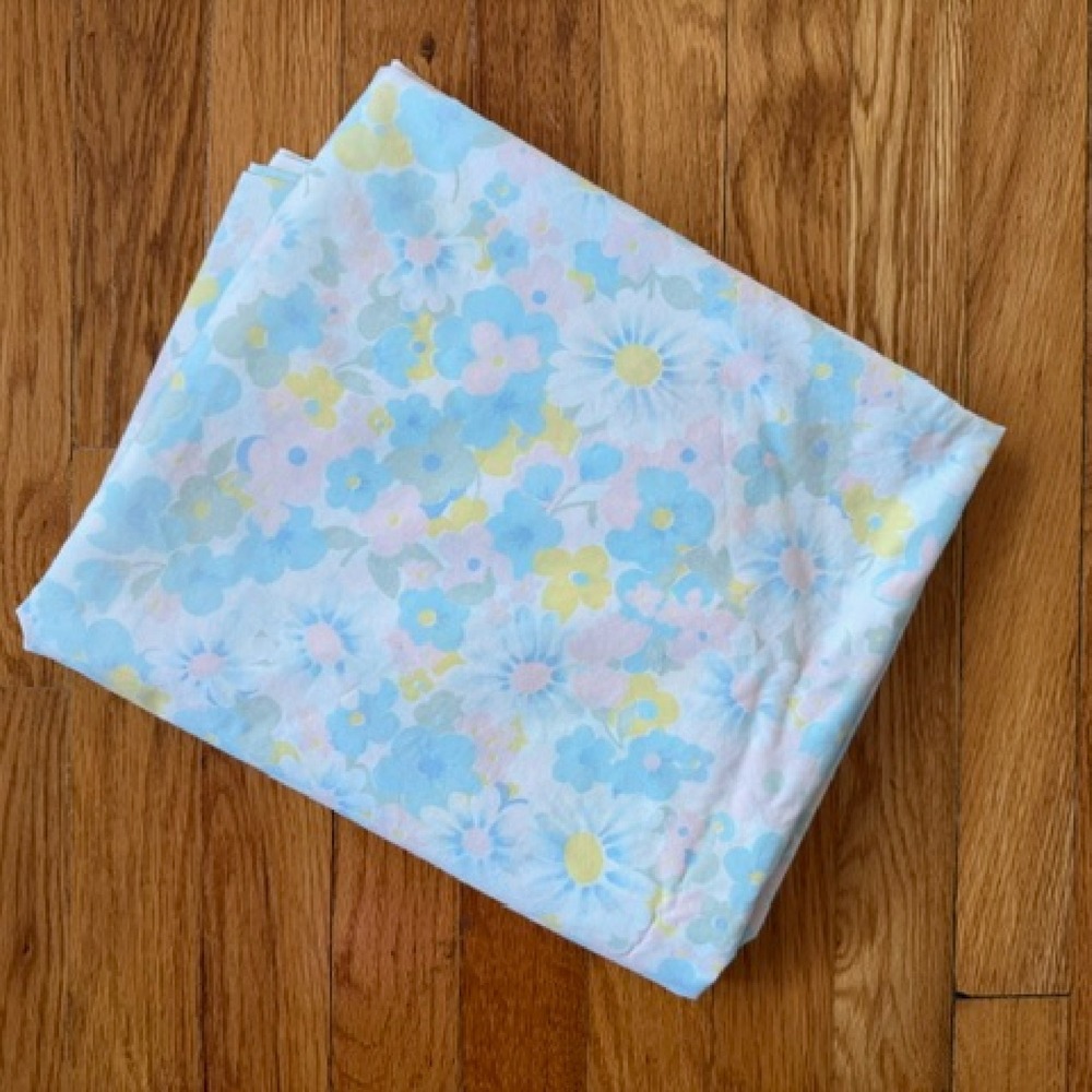 Vintage Full Size Flat Sheet lt blue cottagecore floral, Pacific Miracale